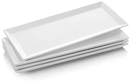 DOWAN Porcelain Rectangular Serving Platters - 14.5 Inches 4 Packs Long Rectangular Serving Plate Rectangle Platter for Meat, Appetizers, Dessert, Sushi, Party, White, Stackable
