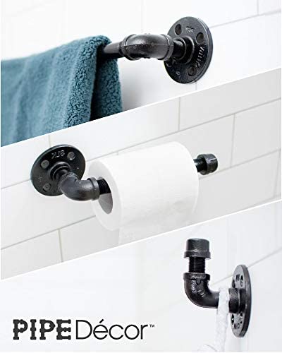 Industrial Pipe Bathroom Hardware Fixture Set by Pipe Decor 3 Piece Kit Includes Robe Hook, 18 Inch Towel Bar and Toilet Paper Holder, Heavy Duty DIY Style, Modern Chic Electroplated Black Finish