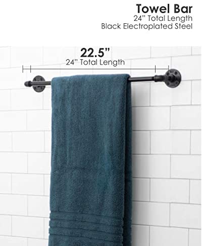 Industrial Pipe Towel Bar Fixture Set by Pipe Decor, Wall Mounted DIY Style, Heavy Duty Rustic Iron, Black Electroplated Rust Free Finish with Mounting Hardware for Kitchen Or Bath Hanging, 24 Inches
