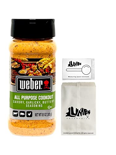 Weber All Purpose Cookout Seasoning (8.5 oz) Bundle with 1 TSP measuring spoon in Lumen Enterprise Packaging - Gluten Free Savory, Garlicky, Buttery All Purpose Cookout Seasoning
