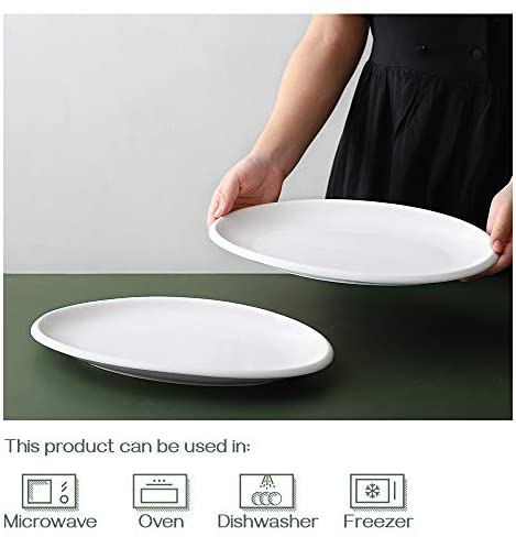 DOWAN Porcelain Oval Serving Platters - 14 Inches 2 Packs Lagre Oval Serving Plate for Meat, Appetizers, Dessert, Sushi, Fish, Party, White, Stackable