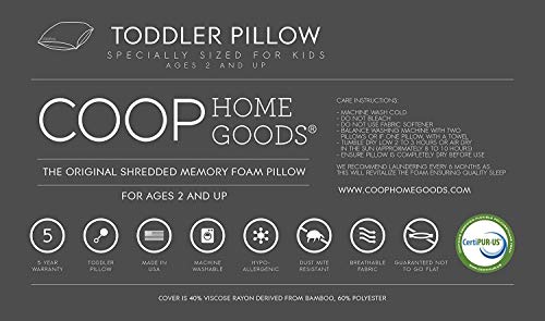 Coop Home Goods - Toddler Pillow (14x19) - Hypoallergenic Cross-Cut Memory Foam - Soft Touch Lulltra Washable Cover from Bamboo Derived Rayon - CertiPUR-US/GREENGUARD Gold Certified