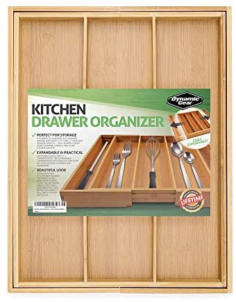 Dynamic Gear Bamboo Expandable Drawer Organizer, Premium Cutlery and Utensil Tray, Perfect for The Kitchen, Bathroom, Desk, etc. Adjustable Kitchen Drawer Divider (3 Compartments Expandable)