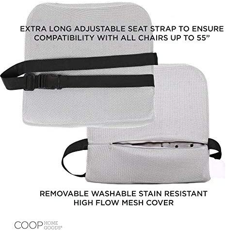 Coop Home Goods - Lumbar Support Back Cushion - Helps Relieve Lower Back Pain - Colling Back Pillow for Office Chair, Car Seat - Bamboo Charcoal Memory Foam - Adjustable Strap - Breathable Mesh - Gray