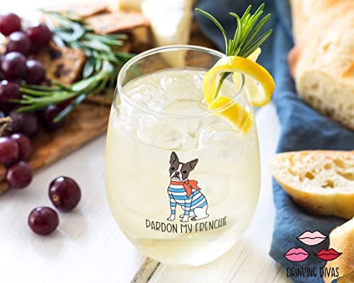 Drinking Divas Pardon My Frenchie Wine Glass - Stemless Wine, Mimosa & Cocktail Tumbler | For Dog & French Bulldog Lovers | Cute & Funny Gift for Mom, Wife, Sister, Bestie, Women | Christmas, Birthday