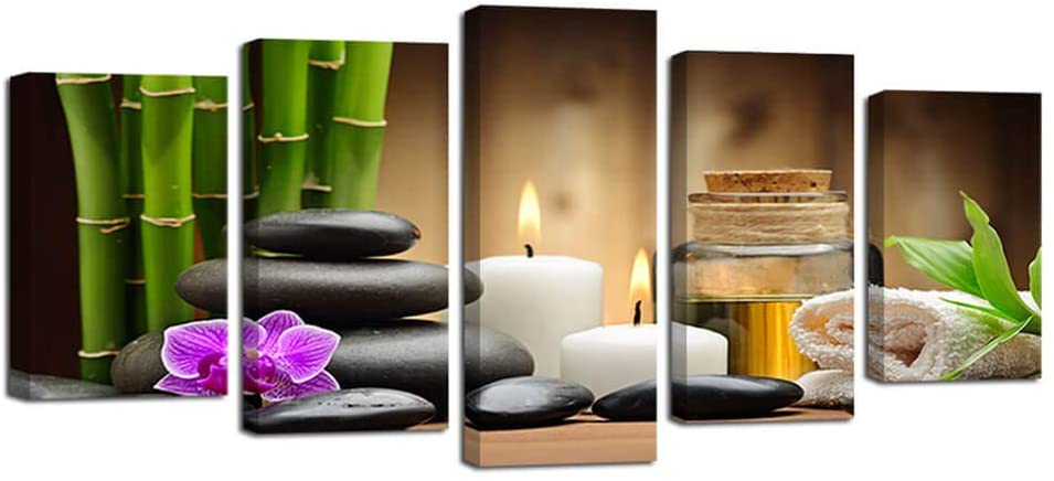 Ardemy Canvas Painting Art Zen Stones Candle Botanical 5 Pieces, Stretched and Framed Bamboo Pictures Prints Artwork Ready to Hang for Bedroom Bathroom Spa Salon Wall Decor (Waterproof