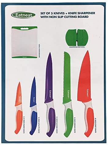 EatNeat 12-Piece Colored Sharp Knife Set: 5 Stainless Steel Kitchen Knives with Covers, Cutting Board and Sharpener