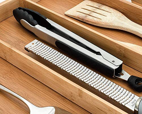 Dynamic Gear Bamboo Expandable Drawer Organizer, Premium Cutlery and Utensil Tray, Perfect for The Kitchen, Bathroom, Desk, etc. Adjustable Kitchen Drawer Divider (3 Compartments Expandable)