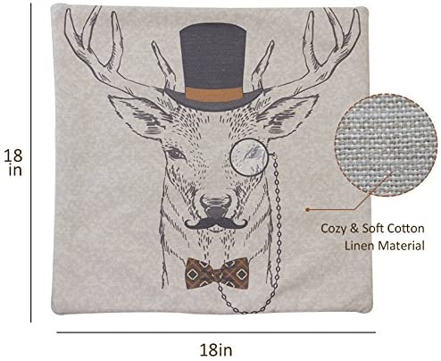 HOME MATE Deer with Eyeglasses Throw Pillow Covers for Sofa Couch Bed, Cotton Linen 18 x 18,Decorative Pillow Cushion Cases, Home Decoration,Hidden Zipper Square Pillowcases