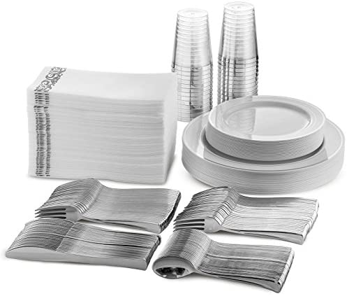25 Guest Disposable Silver Dinnerware Set | Heavy Duty Plastic Plates, Cups, Silverware & Napkins. 50 Forks, 25 Spoons, 25 Knives, 25 Dinner Plates, 25 Dessert Plates & 25 Cups | Bonus 50 Guest Towels