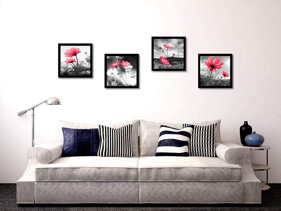 HLJ ART Modern Salon Theme Black and White Peacock Blue Vase Flower Abstract Painting Still Life Canvas Wall Art for Home Decor 12x12inches 4pcs/Set (Outer Frames