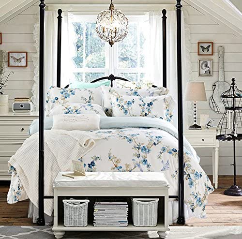 Garden Chinoiserie Floral Duvet Quilt Cover Asian Porcelain Style Tree Blossom and Birds Blue and White Watercolor Pattern 300tc Cotton Percale 3pc Bedding Set (King