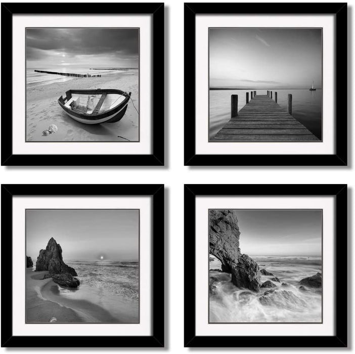 4 Panels Romantic Beach Theme Landscape Artwork Sea Beach Ocean Canvas Prints Contemporary Abstract Seascape Pictures Paintings on Canvas Wall Art for Home Decorations (Black 01