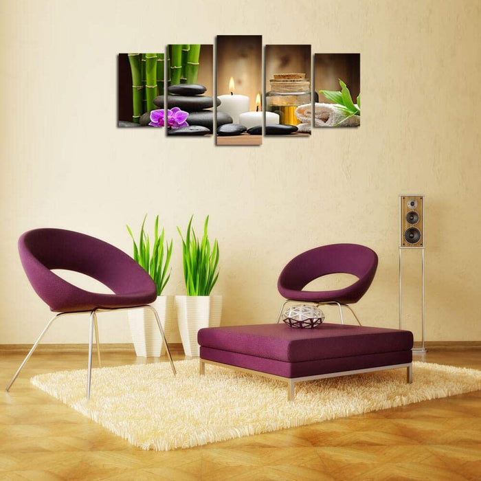 Ardemy Canvas Painting Art Zen Stones Candle Botanical 5 Pieces, Stretched and Framed Bamboo Pictures Prints Artwork Ready to Hang for Bedroom Bathroom Spa Salon Wall Decor (Waterproof
