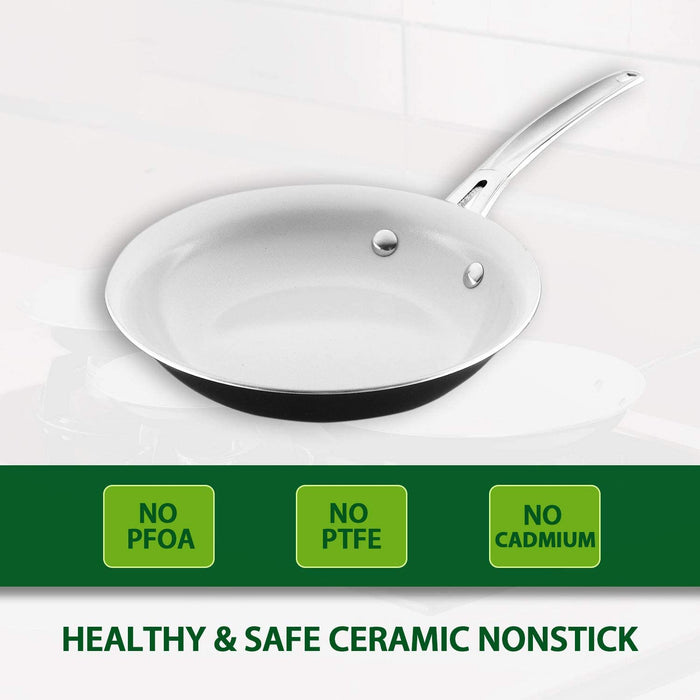 COOKER KING Ceramic Nonstick Frying Pans, Stain Resistant, Dishwasher/Oven Safe, Toxin-Free, Stainless Steel Handles, 8-inch 10-inch 12-inch Healthy Ceramic Non-Stick Fry Pan Set, 3-Piece