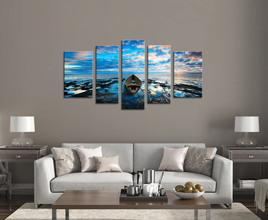 HLJ ART Contemporary Sea Boat Beach Landscape Canvas Wall Art Print for Office Living Room Decor (M, A02)