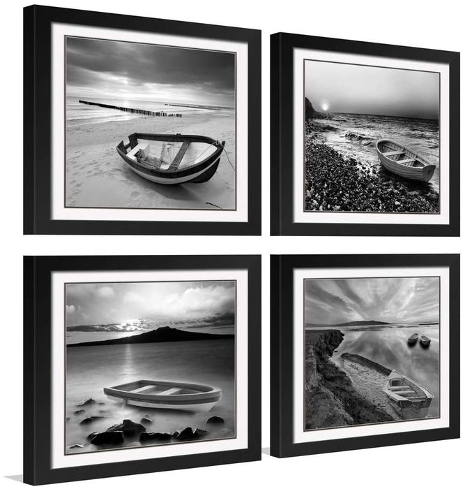 4 Panels Romantic Beach Theme Landscape Artwork Sea Beach Ocean Canvas Prints Contemporary Abstract Seascape Pictures Paintings on Canvas Wall Art for Home Decorations (Black 01