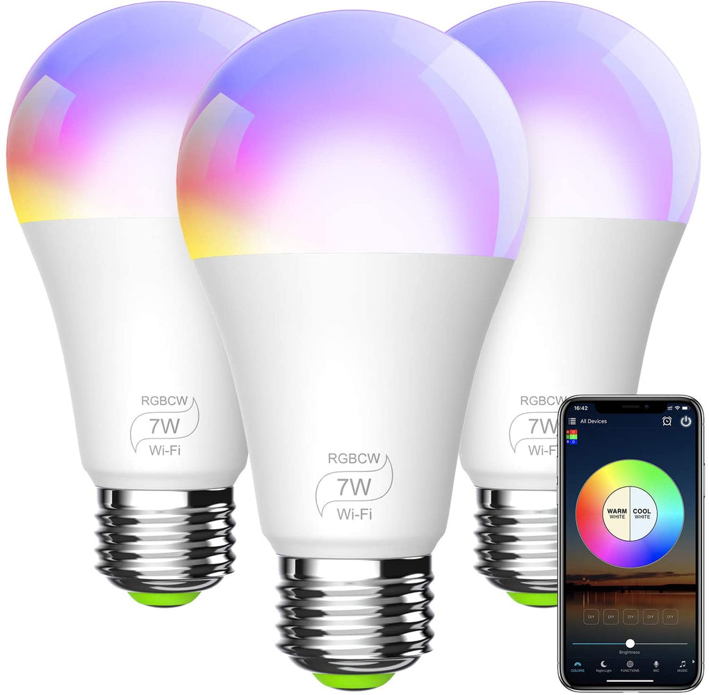 BERENNIS Smart Light Bulb, A19 E26 RGBCW WiFi Dimmable Multicolor LED Lights, Compatible with Alexa, Google Home and IFTTT (No Hub Required) 7W (60w Equivalent) 3 Pack