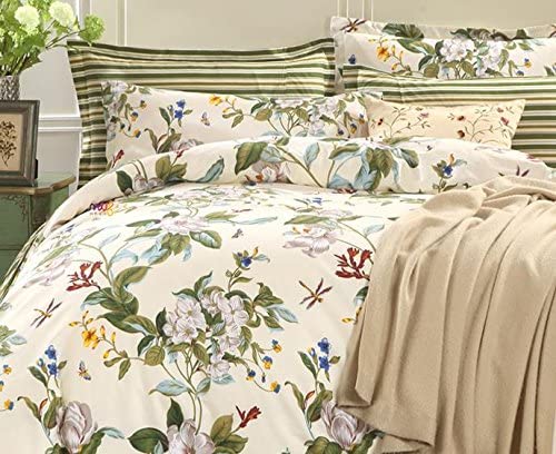 Eikei Cottage Country Style 3 Piece Duvet Cover Set Multicolored Roses Peonies Bouquet 100-percent Cotton Shabby Chic Reversible Floral Bedding (King