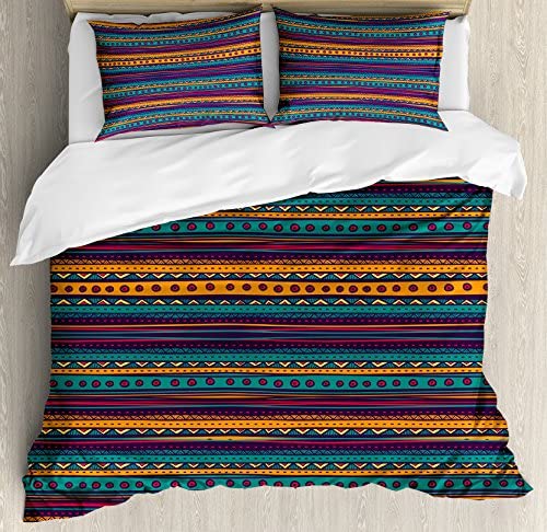 Ambesonne Tribal Duvet Cover Set, Striped Retro Pattern with Rich Mexican Color Folkloric Print, Decorative 3 Piece Bedding Set with 2 Pillow Shams, Queen Size, Teal Plum