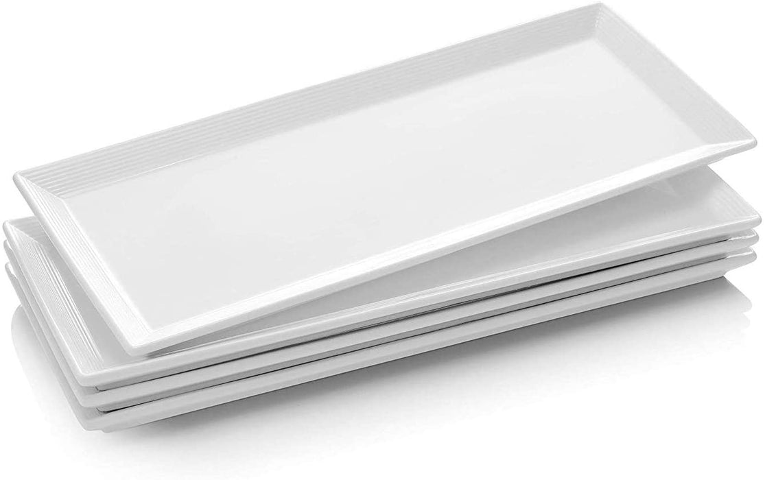 DOWAN Porcelain Rectangular Serving Platters - 14.5 Inches 4 Packs Long Rectangular Serving Plate Rectangle Platter for Meat, Appetizers, Dessert, Sushi, Party, White, Stackable