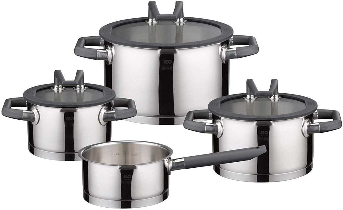 ELO Premium Black Pearl Stainless Steel Kitchen Induction Cookware Pots and Pans Set with Easy-Pour Lids, Heat Resistant Handles and Integrated Measuring Scale, 7-Piece