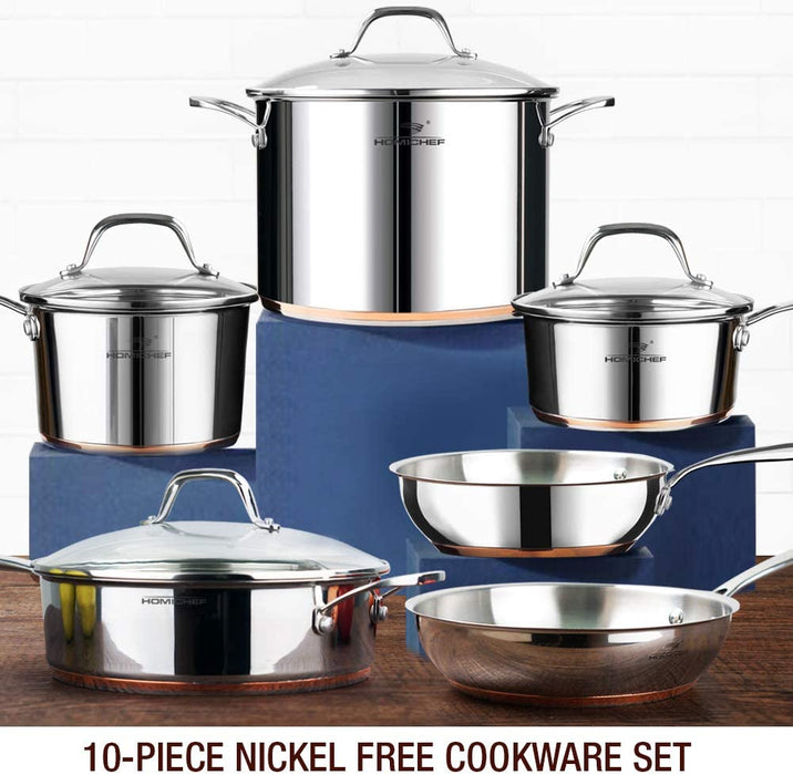 HOMI CHEF 10-Piece Nickel Free Stainless Steel Cookware Set Copper Band - Nickel Free Stainless Steel Pots and Pans Set - Healthy Cookware Set Stainless Steel - Non-Toxic Induction Cookware Sets