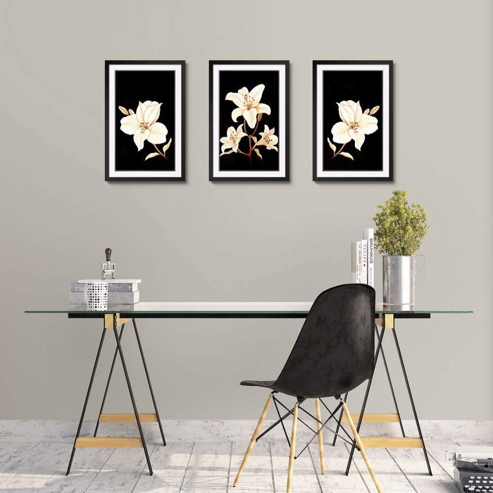 3 Panels Black Frames Giclee White Mat Artworks Black White and Gold Wall Art Canvas Prints Decor Framed Flowers Painting Poster Printed On Canvas Poppy Pictures for Home Decorations (A