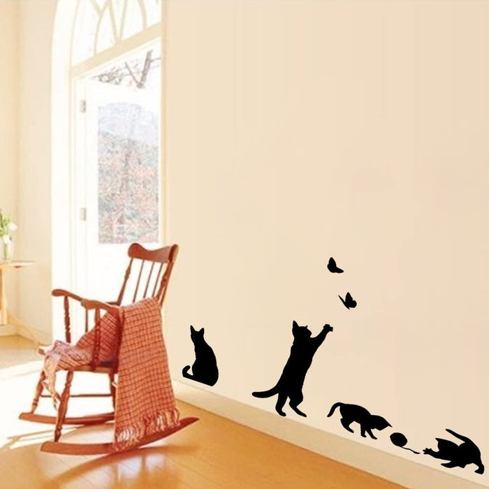 BooDecal Black Cats Design Catching Butterfly Playing with Ball Art Peel Stick Wall Stickers DIY Vinyl Wall Decals Applique for Home Stairway Decor Baseboard
