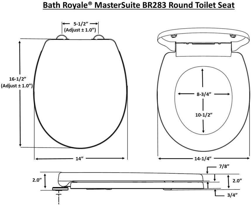 BATH ROYALE BR283-00 MasterSuite Round Toilet Seat with Cover, White - Slow Close, Easy Clean, Replacement Toilet Seat Fits All Toilet Brands including Kohler