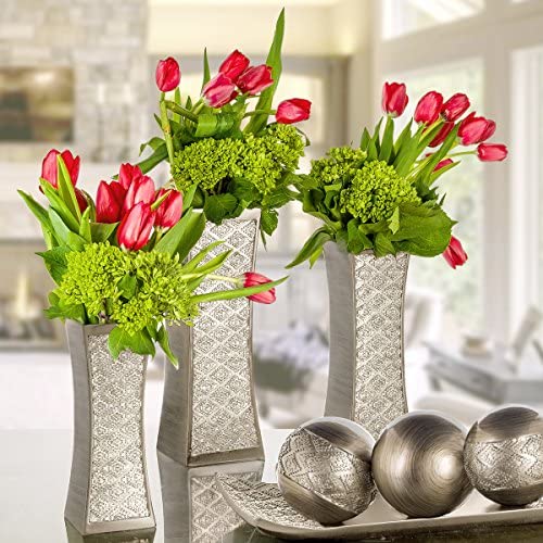 Dublin Flower Vase Set of 3 - Centerpieces for Dining Room Table, Decorative Vases Home Decor Accents for Living Room, Bedroom, Kitchen & More Packaged in Gift Box (Brushed Silver)