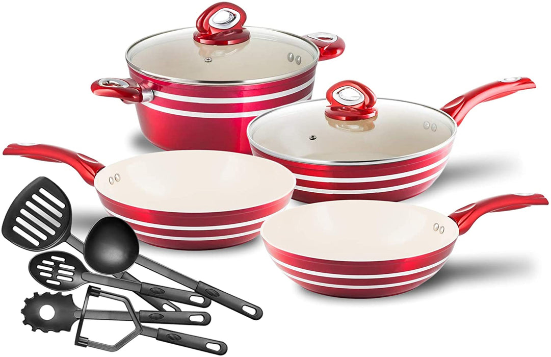 Chef's Star 11 Piece Professional Grade Aluminum Nonstick Pots and Pans - Induction Ready Cookware Set, 4 Pots, 2 Lids, 5 Cooking Utensils, Red and Cream Design