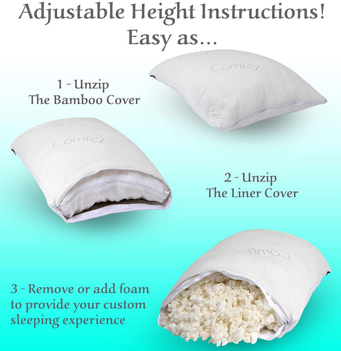Comfez Shredded Memory Foam Pillow | Removable Washable Cooling Bamboo Cover | Adjustable Thickness for Back