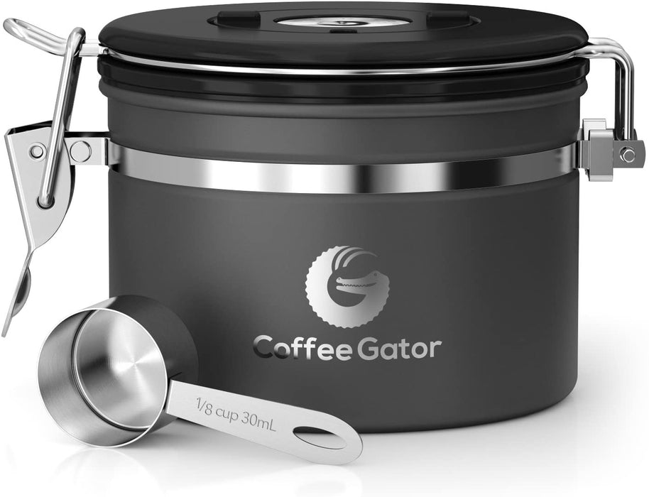 Coffee Gator Coffee Canister Stainless Steel Coffee Container - Fresher Beans and Grounds for Longer - Date-Tracker, CO2-Release Valve and Measuring Scoop - Large