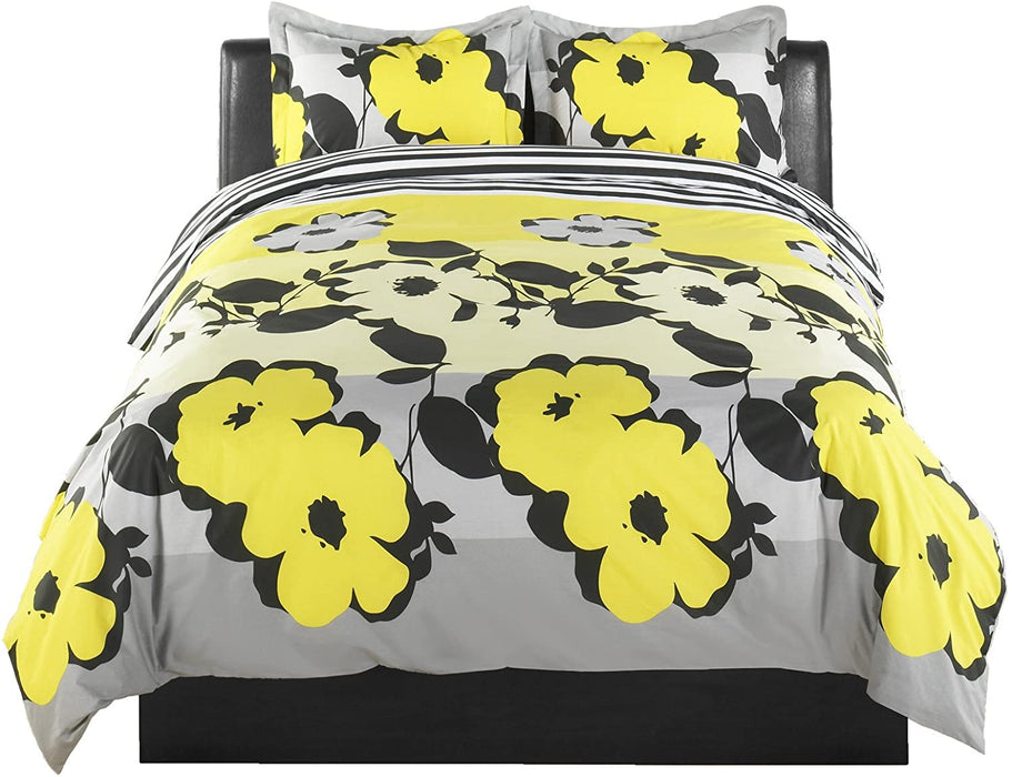 Beco Home Bedding Collection: 3 Piece Set (1 Duvet Cover and 2 Pillow Shams), Yellow Flower Stripe, Full/Queen