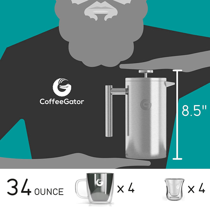 Coffee Gator French Press Coffee Maker - Thermal Insulated Brewer Plus Travel Jar - Large Capacity, Double Wall Stainless Steel - 34oz - Silver