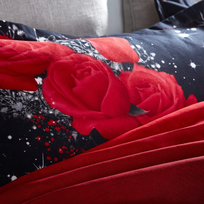 Floral Duvet Cover Set, Full Size Bedding Sets Soft Luxury 3D Red Rose Microfiber Comforter Cover, Bohemian Romantic Quilt Cover with Zipper Closure (Black Red, 3pcs