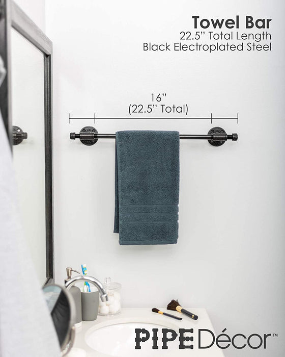 Industrial Pipe Towel Bar Fixture Set by Pipe Decor Wall Mounted DIY Style, Heavy Duty Rustic Iron, Black Electroplated Rust Free Finish With Mounting Hardware For Kitchen Or Bath Hanging, 18 Inches