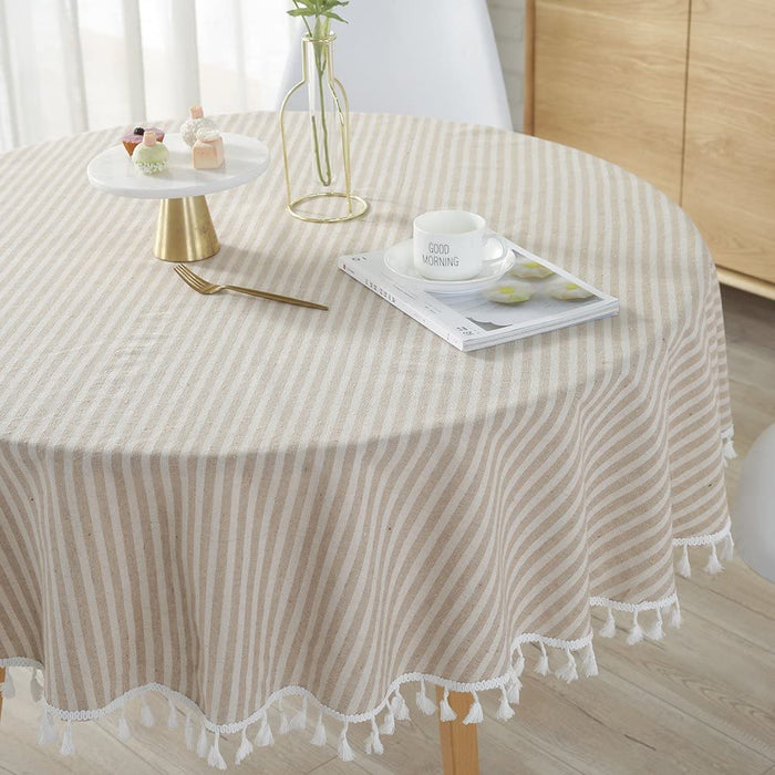 ColorBird Stripe Tassel Tablecloth Cotton Linen Dust-proof Table Cover for Kitchen Dinning Tabletop Decoration (Rectangle/Oblong, 55 x 102Inch