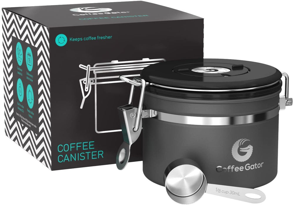 Coffee Gator Coffee Canister Stainless Steel Coffee Container - Fresher Beans and Grounds for Longer - Date-Tracker, CO2-Release Valve and Measuring Scoop - Large