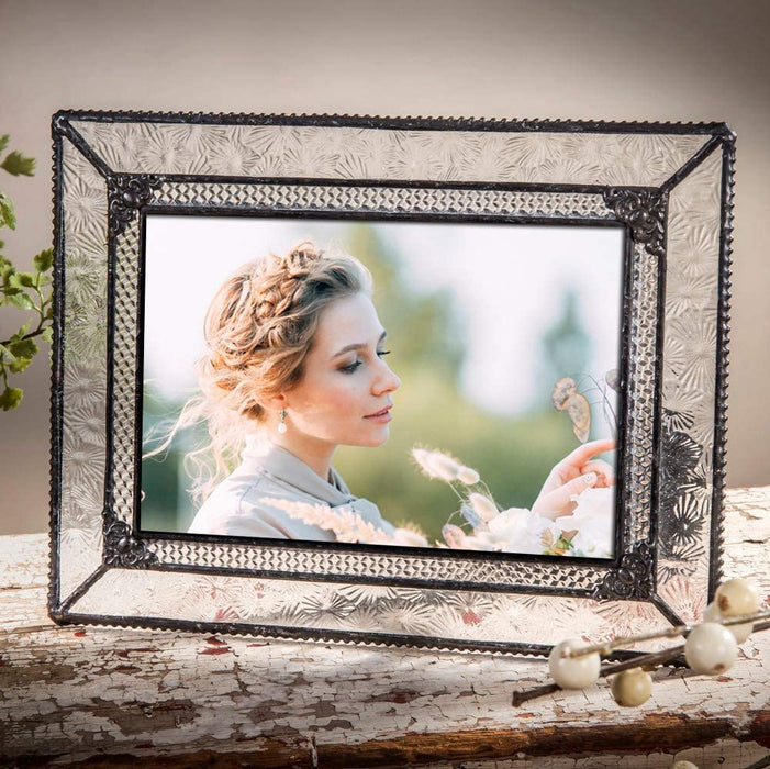 J Devlin Glass Art Clear Vintage Stained Glass Picture Frame Tabletop 5 x 7 Photo Wedding Pic 380-57HV