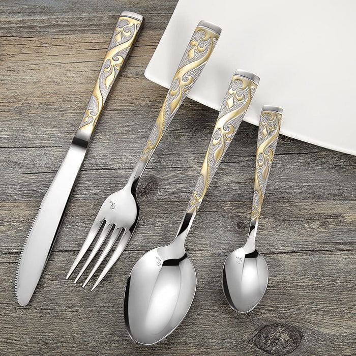 24-Piece Stainless Steel Flatware Set 24K Gold-Plated Flower Cutlery Set,Service for 6, Include Knife/Fork/Spoon