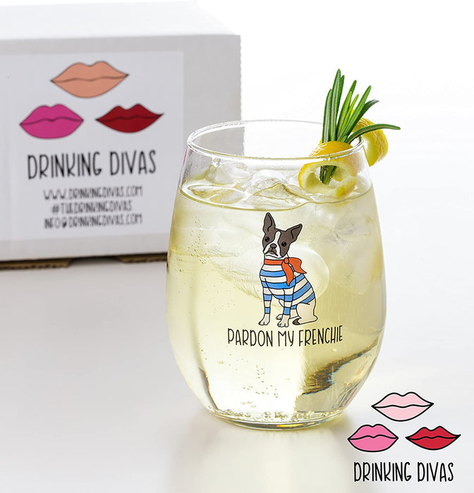 Drinking Divas Pardon My Frenchie Wine Glass - Stemless Wine, Mimosa & Cocktail Tumbler | For Dog & French Bulldog Lovers | Cute & Funny Gift for Mom, Wife, Sister, Bestie, Women | Christmas, Birthday