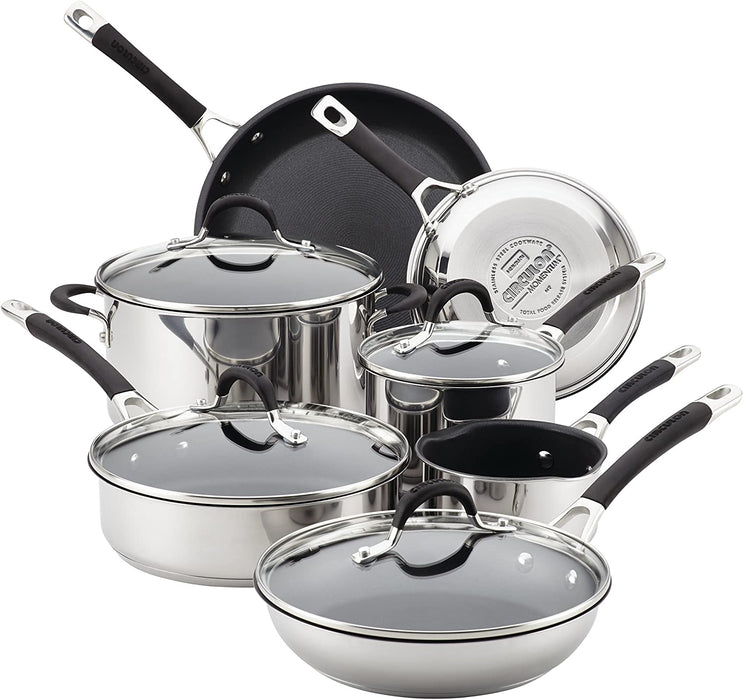 Circulon 78003 Momentum Stainless Steel Nonstick Cookware Set with Glass Lids, 11-Piece Pot and Pan Set, Stainless Steel