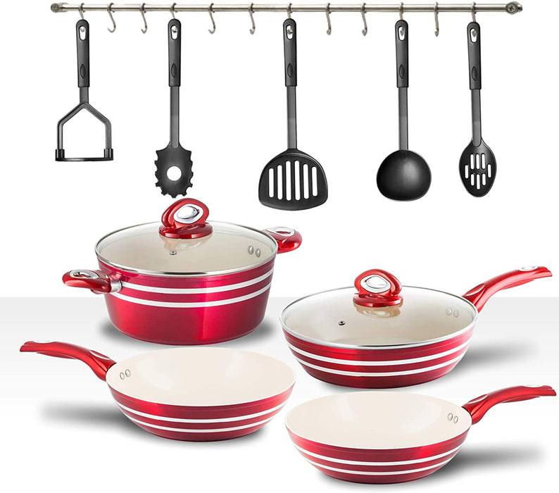 Chef's Star 11 Piece Professional Grade Aluminum Nonstick Pots and Pans - Induction Ready Cookware Set, 4 Pots, 2 Lids, 5 Cooking Utensils, Red and Cream Design