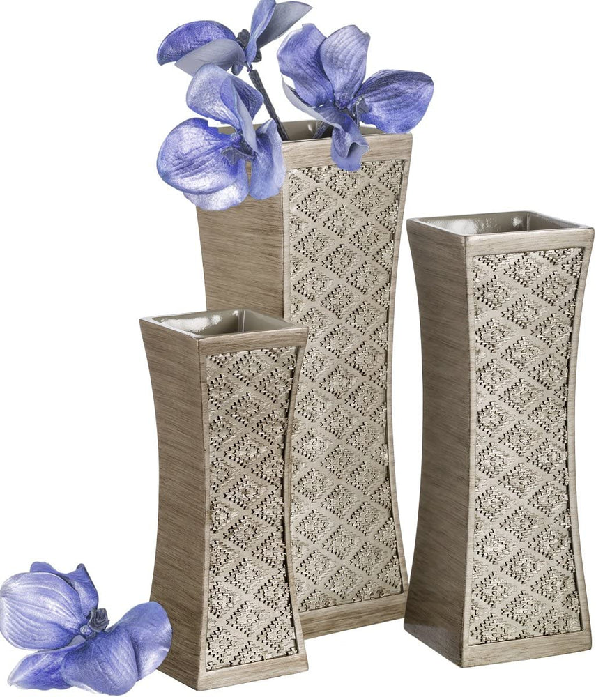 Dublin Flower Vase Set of 3 - Centerpieces for Dining Room Table, Decorative Vases Home Decor Accents for Living Room, Bedroom, Kitchen & More Packaged in Gift Box (Brushed Silver)