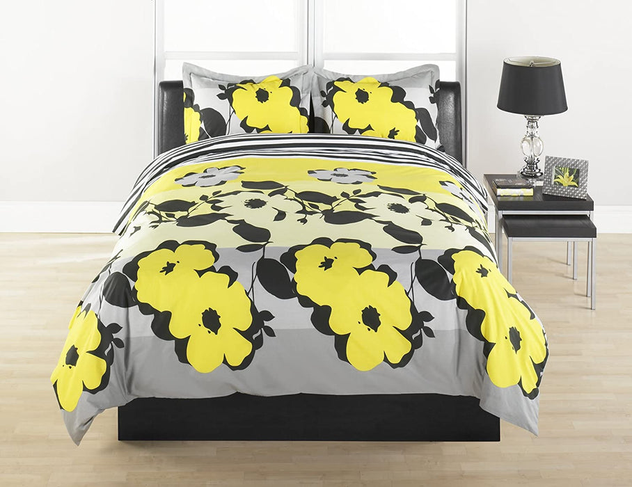Beco Home Bedding Collection: 3 Piece Set (1 Duvet Cover and 2 Pillow Shams), Yellow Flower Stripe, Full/Queen