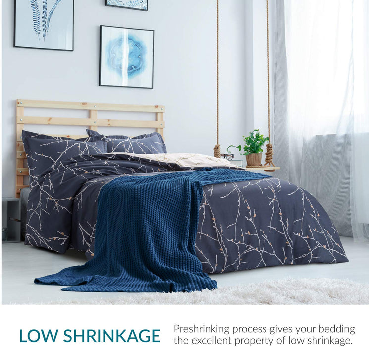 Bedsure Duvet Cover Set with Zipper Closure-Branch and Plum Blue Printed Pattern
