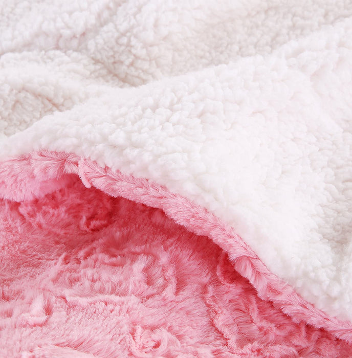 DaDa Bedding Luxury Throw Blanket - Lap Fluffy Cuddly Rose Buds Soft Faux Fur Sherpa - Warm Plush Textured for Lap or Sofa - Bright Vibrant Blushing Rosey Baby Pink & White - 50" x 60"