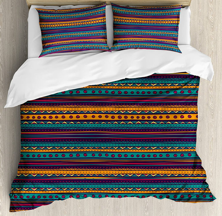 Ambesonne Tribal Duvet Cover Set, Striped Retro Pattern with Rich Mexican Color Folkloric Print, Decorative 3 Piece Bedding Set with 2 Pillow Shams, Queen Size, Teal Plum